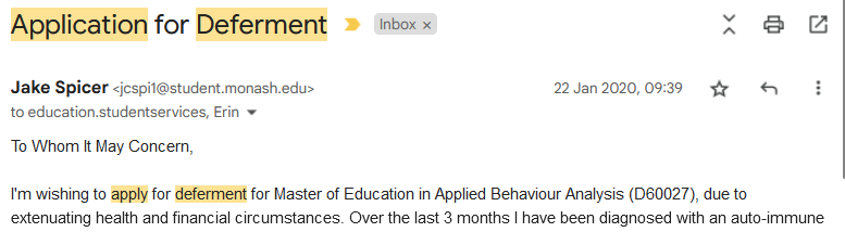 Screenshot of an application for deferment email