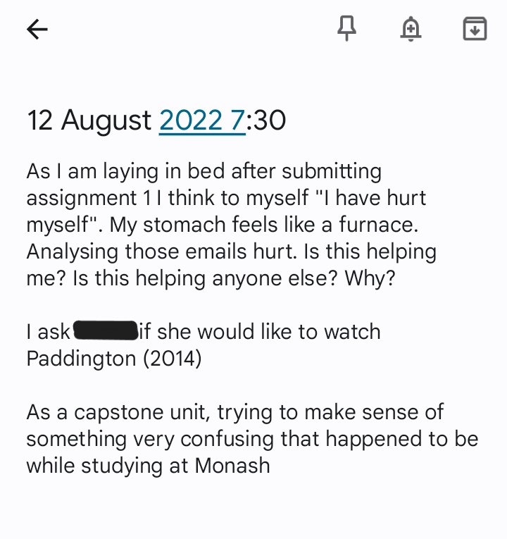 A redacted emotional fieldnote from August 2022