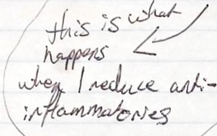 Handwritten fieldnote reading this is what happens when I reduce anti-inflammatories
