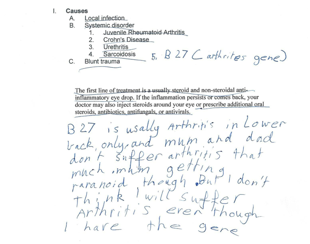 A childhood school assignment about iritis with handwritten notes